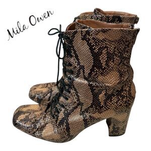 Mila Owen Anthropologie Women's Snake Heeled Lace-up Ankle Boots Booties JP 38